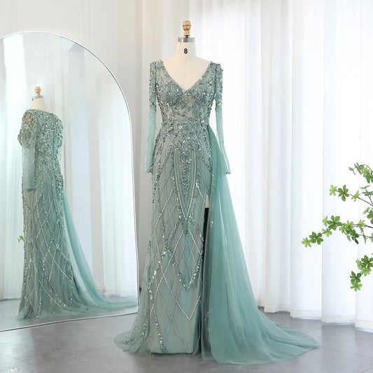 Sharon Said Turquoise Green Meramid Long Sleeves Evening Dress with Overskirt Slit Luxury for Wedding Party SS181 Customized