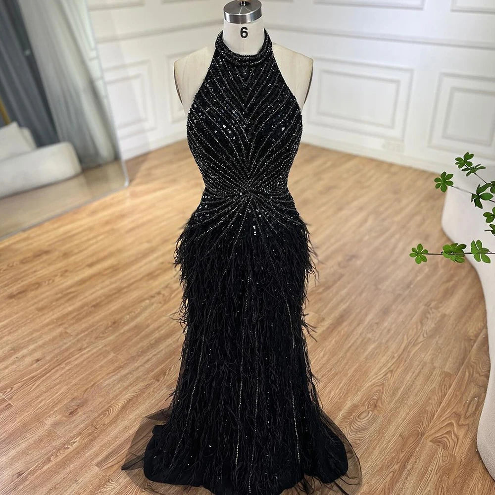 Serene Hill Dubai Halter Beige  Feathers Beaded Formal Luxury Mermaid Evening Dresses For Women Wedding Party 2025 LA70623A