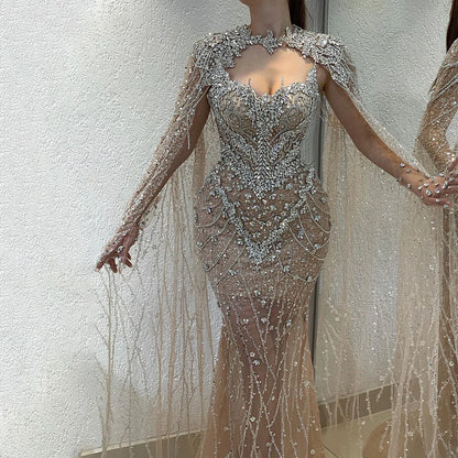Serene Hill 2025 Nude Mermaid Evening Dress with Beaded Removable Cape Sleeves Gown for Formal Occasion LA72539 Customized