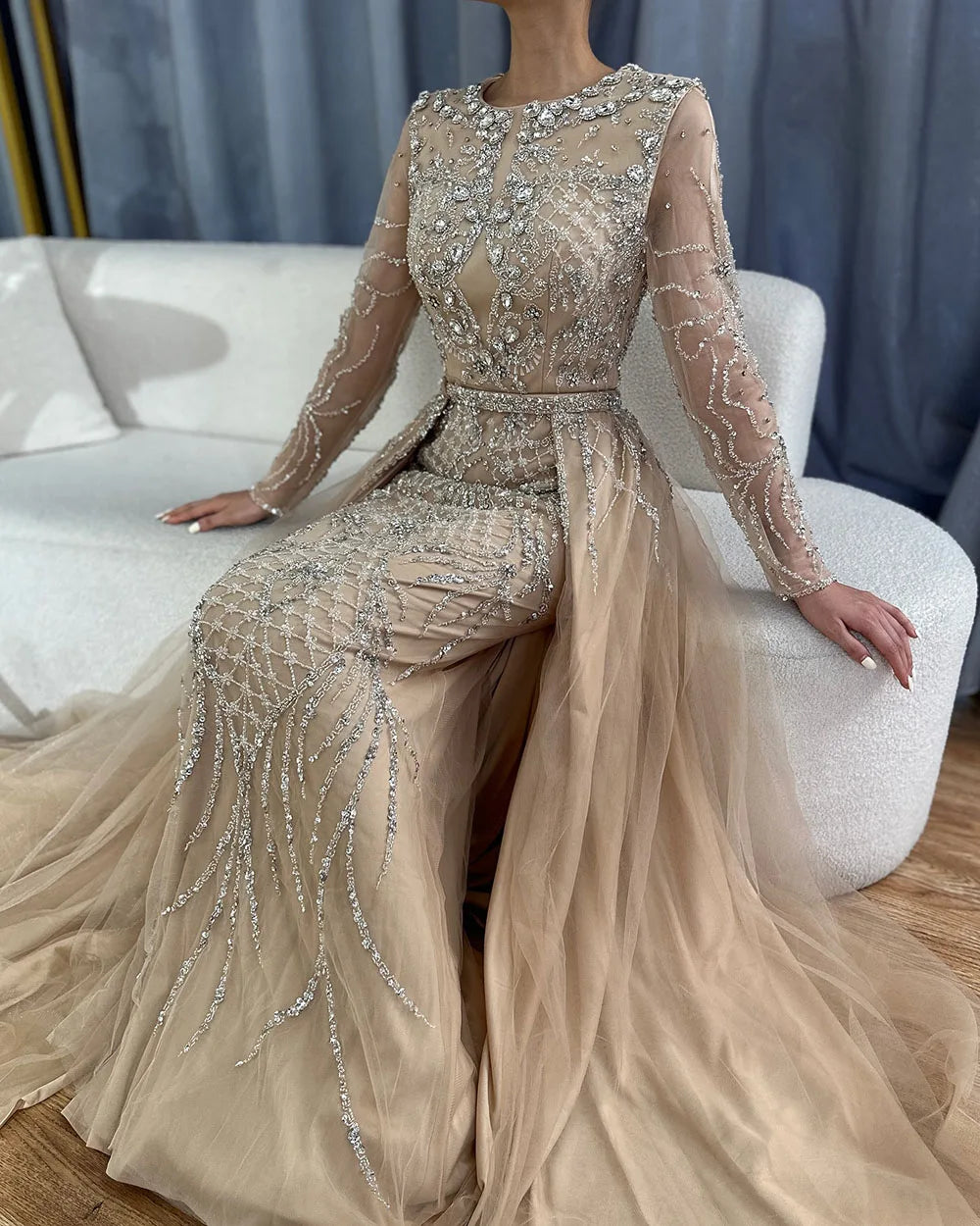 Serene Hill Muslim Silver Nude Mermaid Gown with Detachable Overskirt Beaded Evening Dress for Women Wedding Party 2025 LA71919