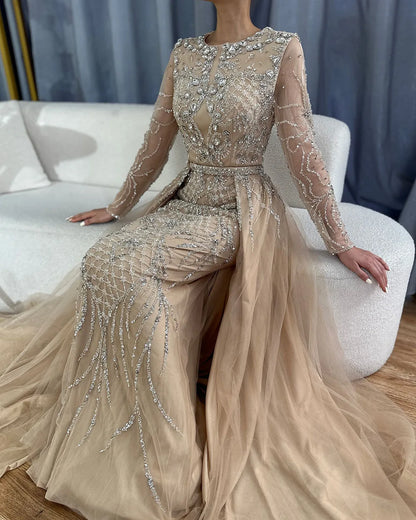 Serene Hill Muslim Silver Nude Mermaid Gown with Detachable Overskirt Beaded Evening Dress for Women Wedding Party 2025 LA71919