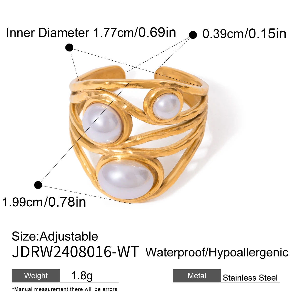 Zora Women's Fashion Elegant Pearl Open Ring 18K Gold-plated Stainless Steel Ring Jewelry for Party Vacation