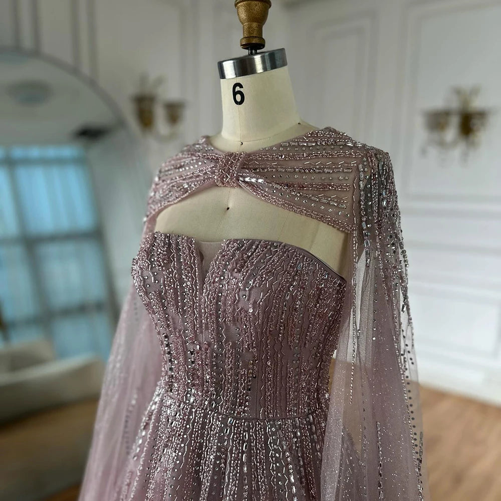 Serene Hill 2025 Arabic Blue Cape  A-Line Beaded Evening Dresses Long Celebrity Gowns  LA72427 Customized