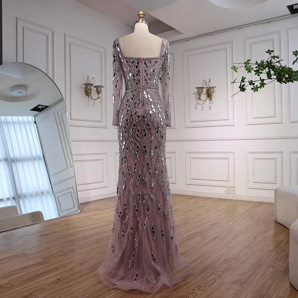 Luxury Black Silver Long Sleeve Evening Dress with Sequins Elegant Mermaid Gown for Women 2025 Serene Hill Customized LA73113