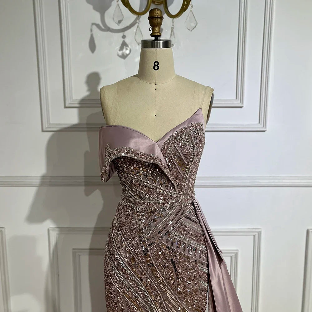 2025 Arabic Turquoise Beaded Evening Dresses  Dubai Elegant One Shoulder  Wedding Party Gowns LA72335  Customized