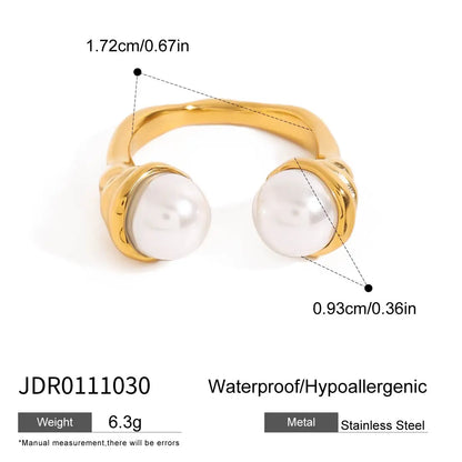 Uworld 18K Gold Color Plated Stainless Steel Flower Pearl Ring Irregular Opposite Sex Pearls Stackable Ring Women's Jewelry Part