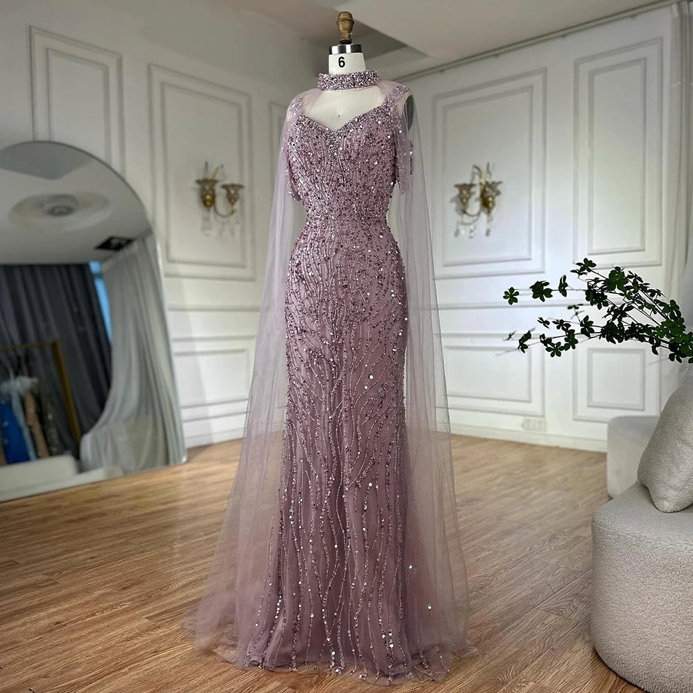 Luxury Caramel Mermaid Evening Gown Beaded Dress with Cape Sleeves Elegant Formal Party Customized LA72921