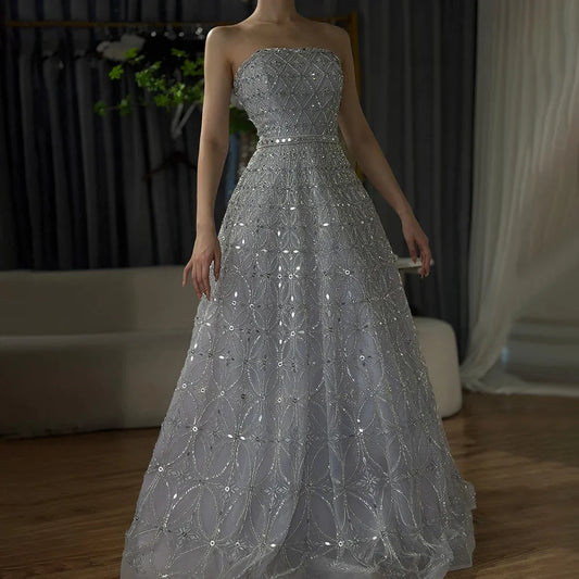 Serene Hill 2025 Customized Arabic Gray A Line Beaded Long Evening Dresses Gowns For Occasion LA72755