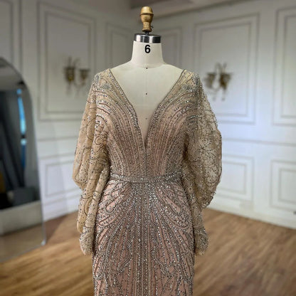 Serene Hill Arabic Gold Elegant Mermaid Black  Beaded Evening Dresses Gowns Diamond For Party 2025 LA72288A Customized