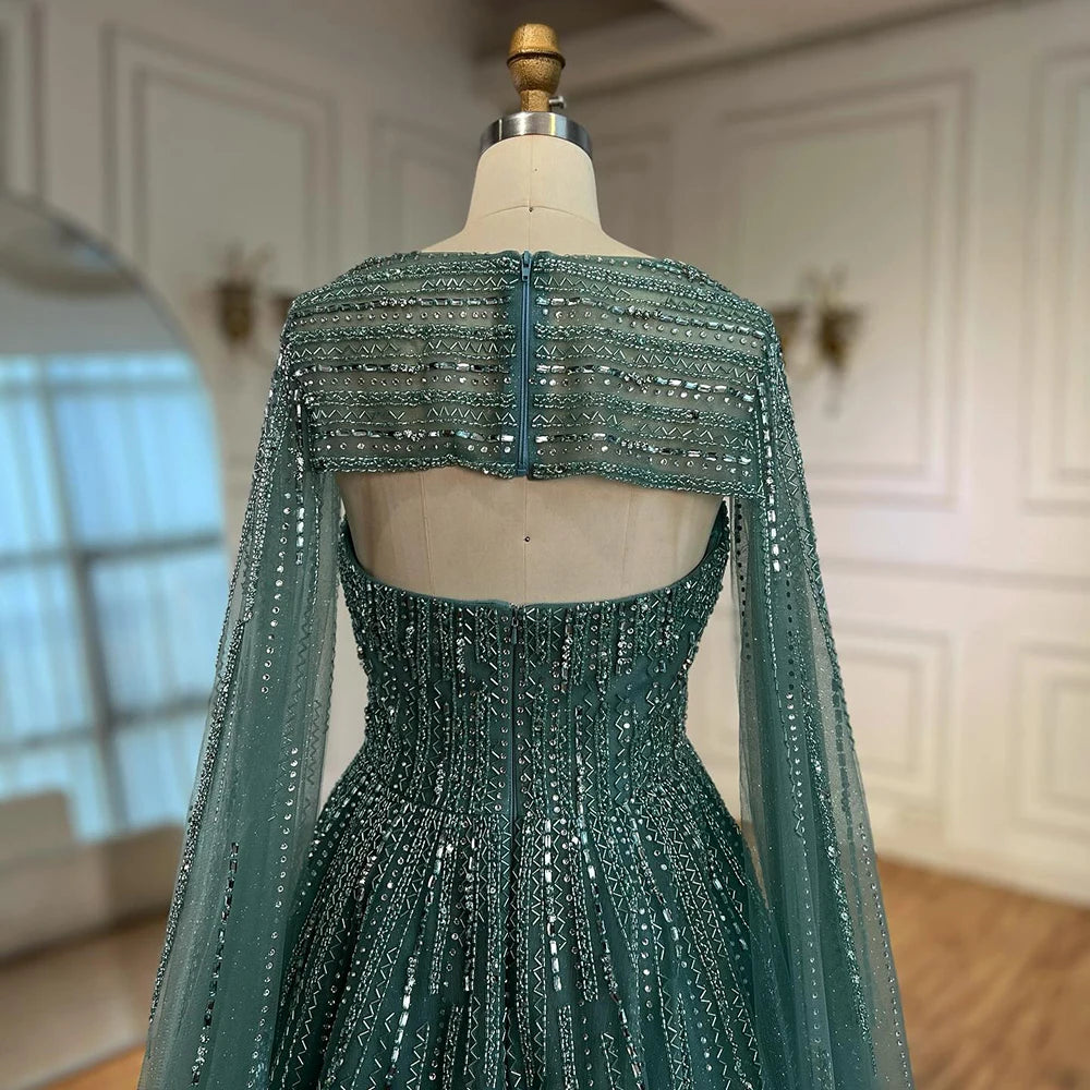 Serene Hill 2025 Arabic Blue Cape  A-Line Beaded Evening Dresses Long Celebrity Gowns  LA72427 Customized