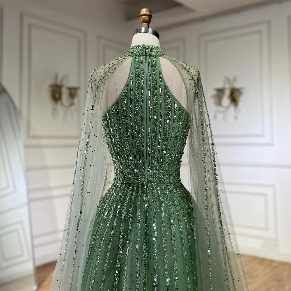 Serene Hill Arabic Turquoise A Line Cape Sleeve Beaded   Evening Dresses Gowns For Occasion 2025 LA72306A Customized