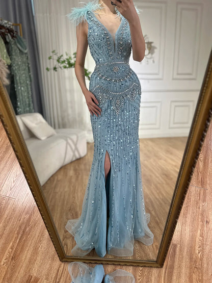 Serene Hill 2025 Arabic Blue Split Mermaid Beaded Feathers Long Evening Dresses Gowns For Occasion LA72742 Customized