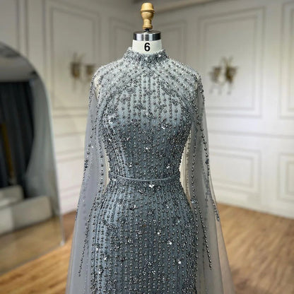 Muslim Nude Mermaid Cape Sleeves Pearls Beaded Luxury Dubai Evening Dresses Gowns 2025 Wedding Party LA72372 Customized