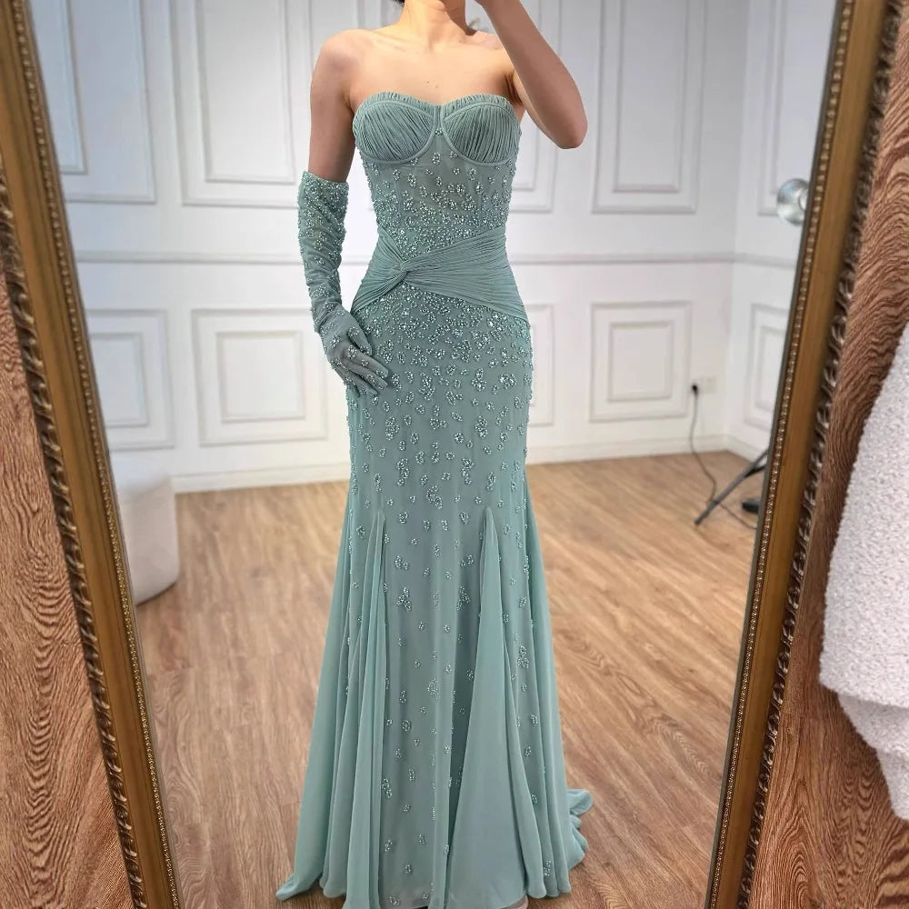 Turquoise Strapless Beaded Mermaid Evening Dress with Gloves Prom Gown Serene Hill 2025 Customized LA72933