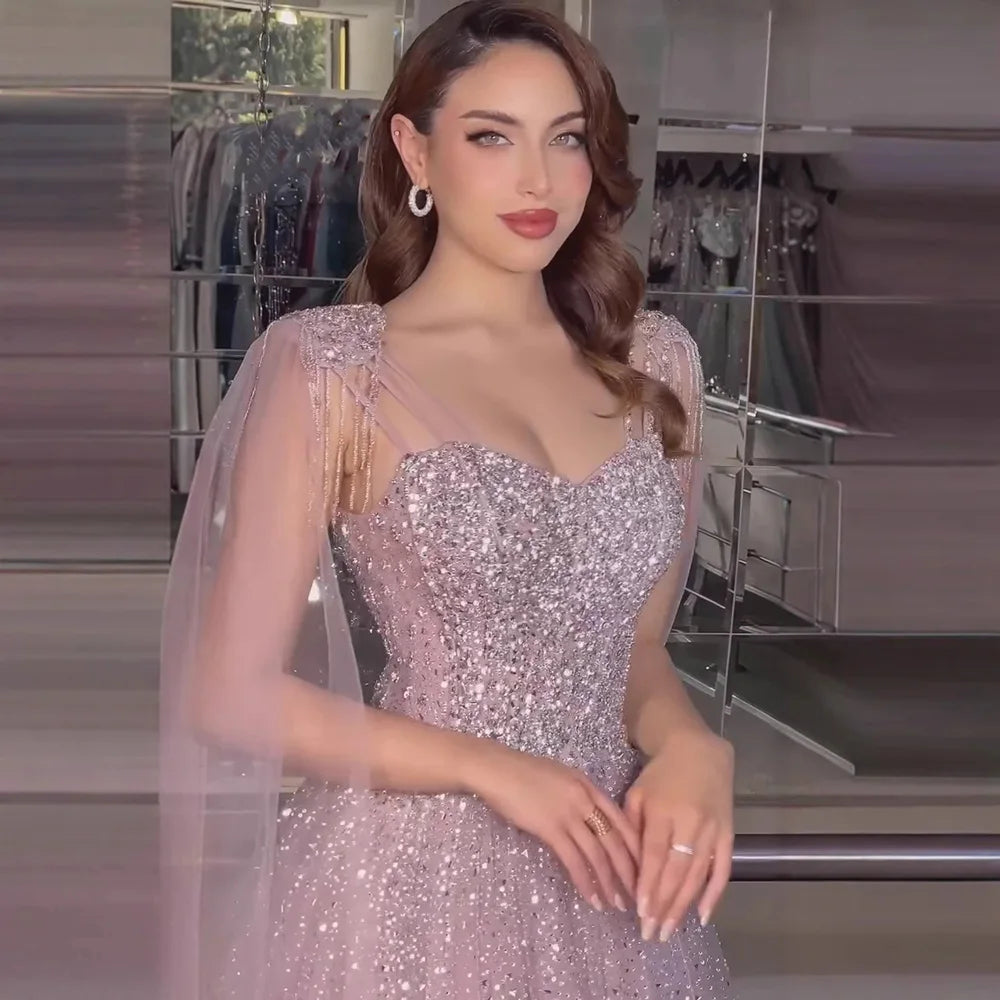 Luxury Pink Tulle Beaded A-Line Evening Dress with Cape Sleeves for Women Prom Serene Hill 2025 Customized Gown LA73072