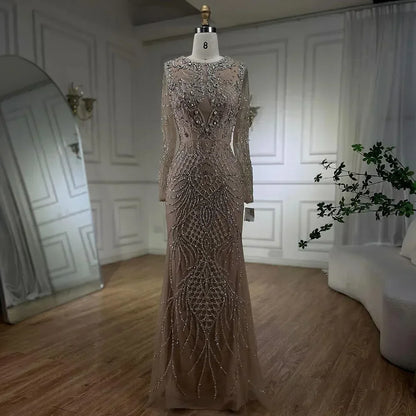 Serene Hill Muslim Silver Nude Mermaid Gown with Detachable Overskirt Beaded Evening Dress for Women Wedding Party 2025 LA71919