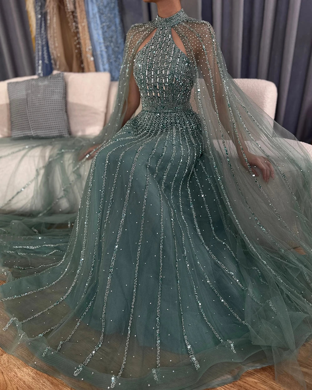 Serene Hill Arabic Turquoise A Line Cape Sleeve Beaded   Evening Dresses Gowns For Occasion 2025 LA72306A Customized
