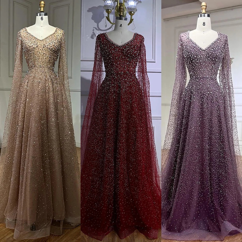 Serene Hill 2025 Customized Saudi Arabic Caramel Beaded Cape Sleeves A Line Evening Dresses For Formal Occasion LA72147A