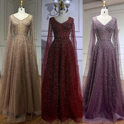 Serene Hill 2025 Customized Saudi Arabic Caramel Beaded Cape Sleeves A Line Evening Dresses For Formal Occasion LA72147A