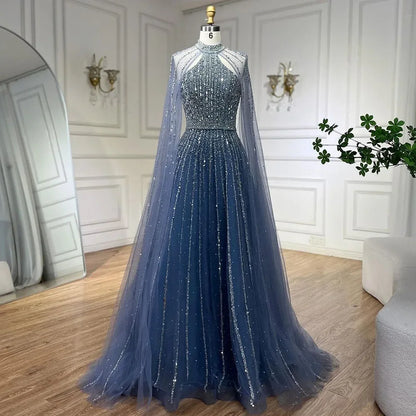 Serene Hill Arabic Turquoise A Line Cape Sleeve Beaded   Evening Dresses Gowns For Occasion 2025 LA72306A Customized