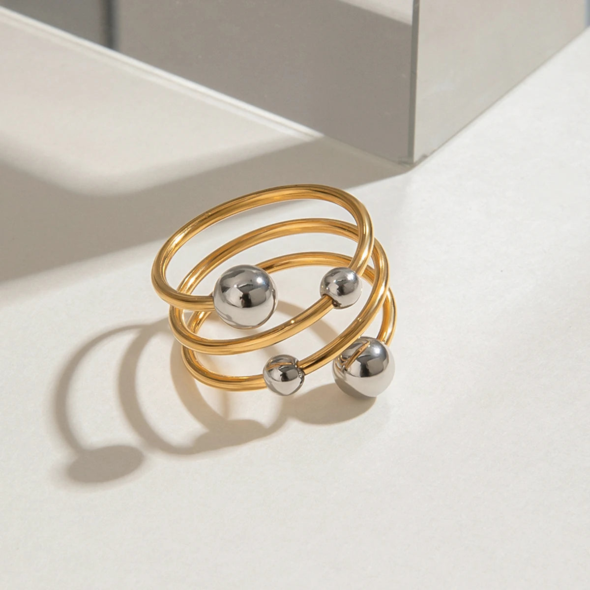 Gold Silver Color Matching Ball Three layer Opening Ring 18K PVD Plated Women Anti Allergic Metal Charm Daily Jewelry