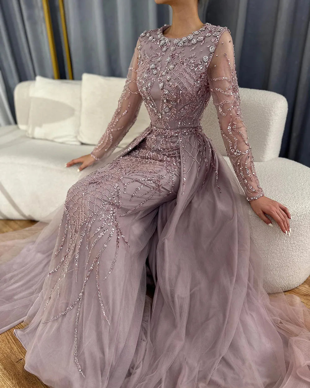 Serene Hill Muslim Silver Nude Mermaid Gown with Detachable Overskirt Beaded Evening Dress for Women Wedding Party 2025 LA71919