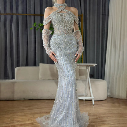 Serene Hill Arabic Gray Decorative Halter Mermaid Evening Dresses Beaded Dress For Formal Occasion LA72651 Customized 2025