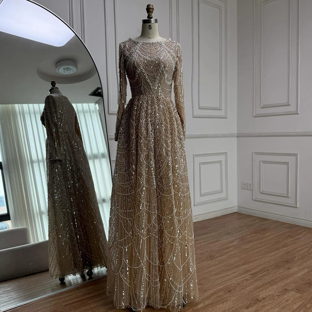 Luxury Olive Green Long Sleeve Beaded A Line Evening Gown for Wedding Party Prom Serene Hill 2025 Customized LA72738B Plus Size