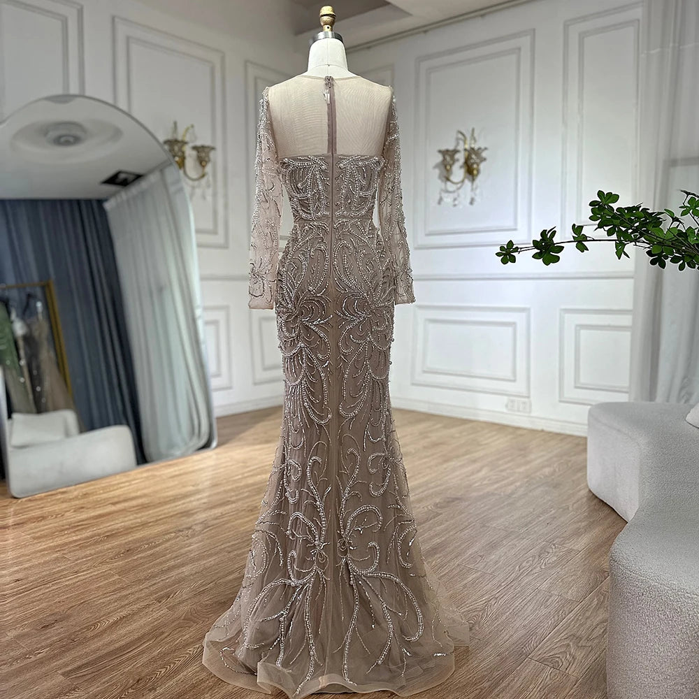Serene Hill 2025 Nude Mermaid Pearls Beaded Arabic Evening Dresses For Occasion Dress LA72648 Customized