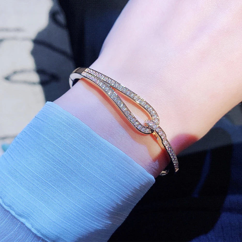 14k Real Gold Trend Fashion Simple Micro Inlaid Zircon Word Lady Bracelets for Women Temperament Exquisite Luxury Bangle Jewelry