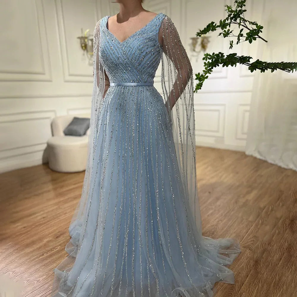 Serene Hill Mint Cape Sleeves A Line Beaded  Dubai Evening Dresses Long 2025 Celebrity Gowns For  Party LA71865 Customized