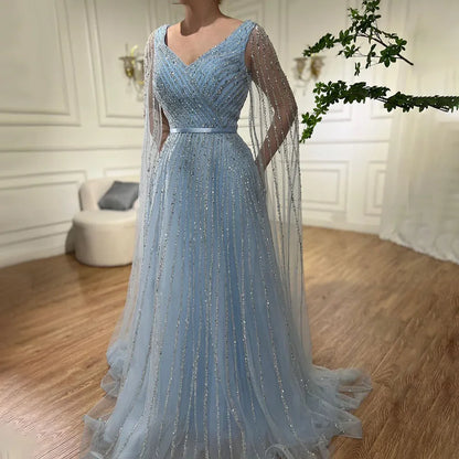Serene Hill Mint Cape Sleeves A Line Beaded  Dubai Evening Dresses Long 2025 Celebrity Gowns For  Party LA71865 Customized