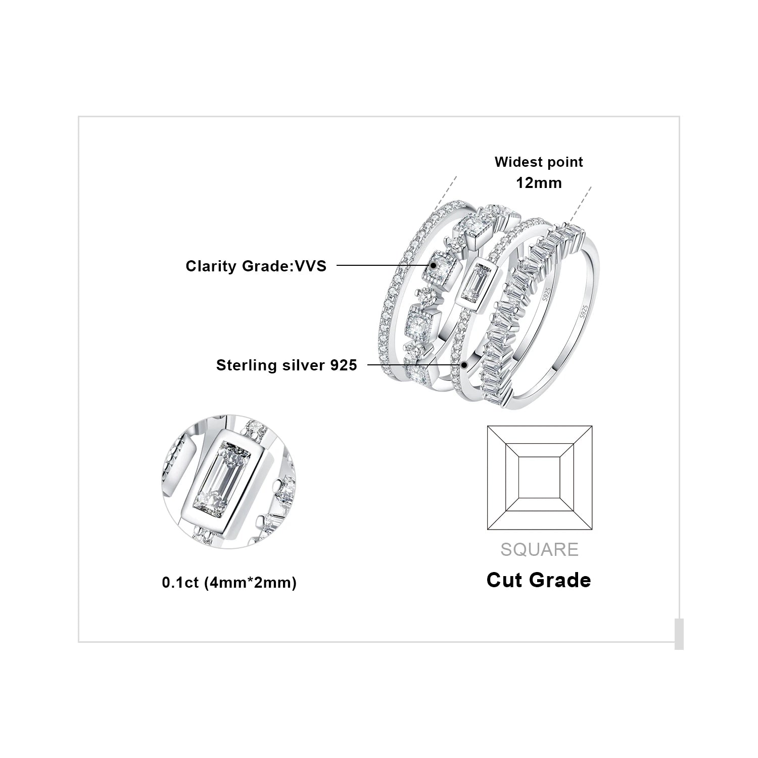 JewelryPalace 4 Pcs 925 Sterling Silver Wedding Band Solitaire Eternity Stacking Rings for Women 1ct AAAAA CZ Fashion Jewelry