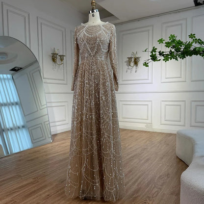 Luxury Olive Green Long Sleeve Beaded A Line Evening Gown for Wedding Party Prom Serene Hill 2025 Customized LA72738B Plus Size