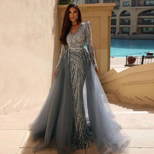 Serene Hill  Mermaid Beaded  Blue Muslim  Evening Dresses Gowns  with Detachable Skirt 2025  LA71750 Customized