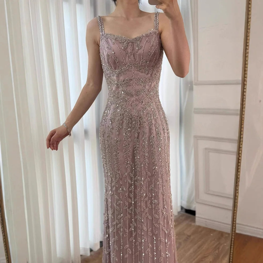 Luxury Arabic Blue Beaded Spaghetti Strap Pink Mermaid Evening Dress for Women Party Serene Hill 2025 Customized LA72725