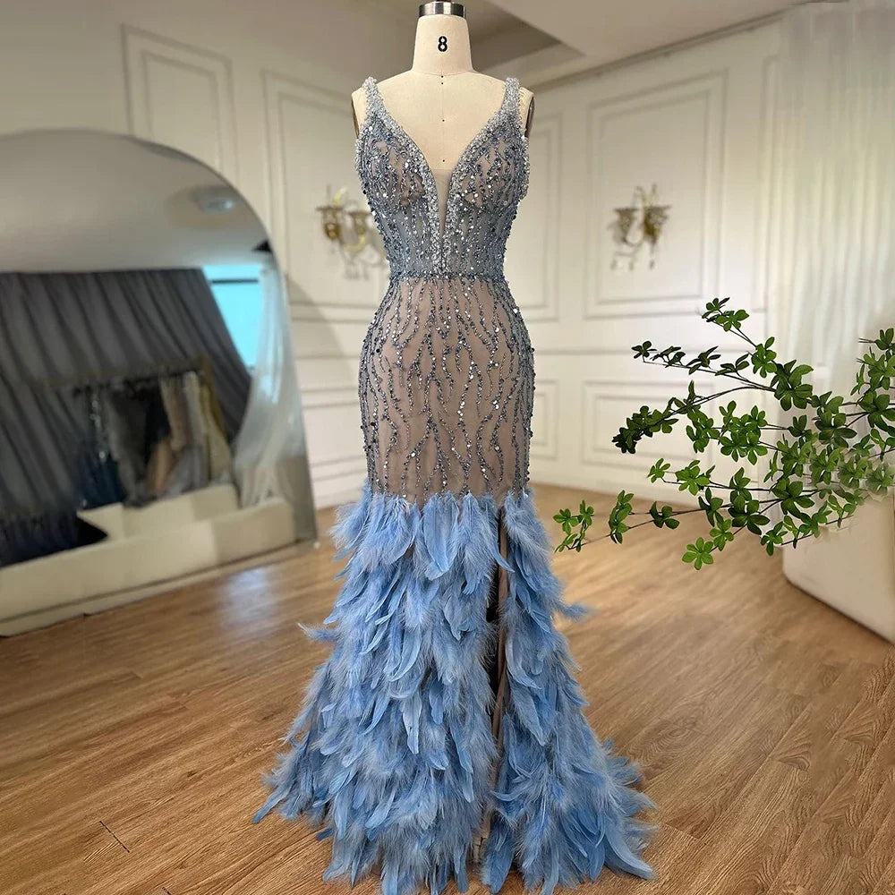 Serene Hill Pink Mermaid High Split Evening Dresses Feather Beaded Gowns Long 2025 For Women Wedding Party LA72152 Customized