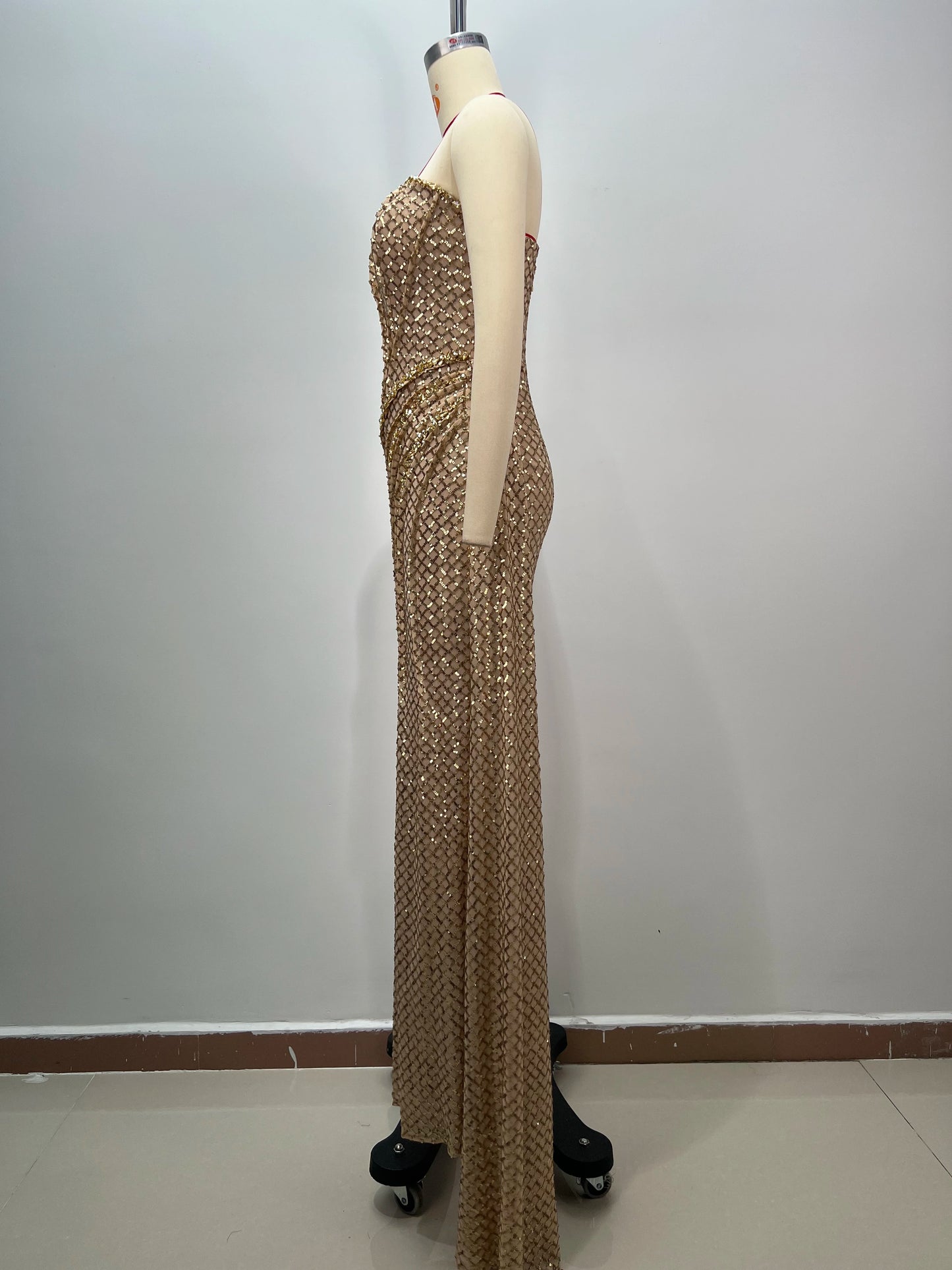 Women Celebrity Sexy Strapless Sequins Gold Crystal Split Maxi Long Gowns Dress 2024 Elegant Evening Party Club Vestido