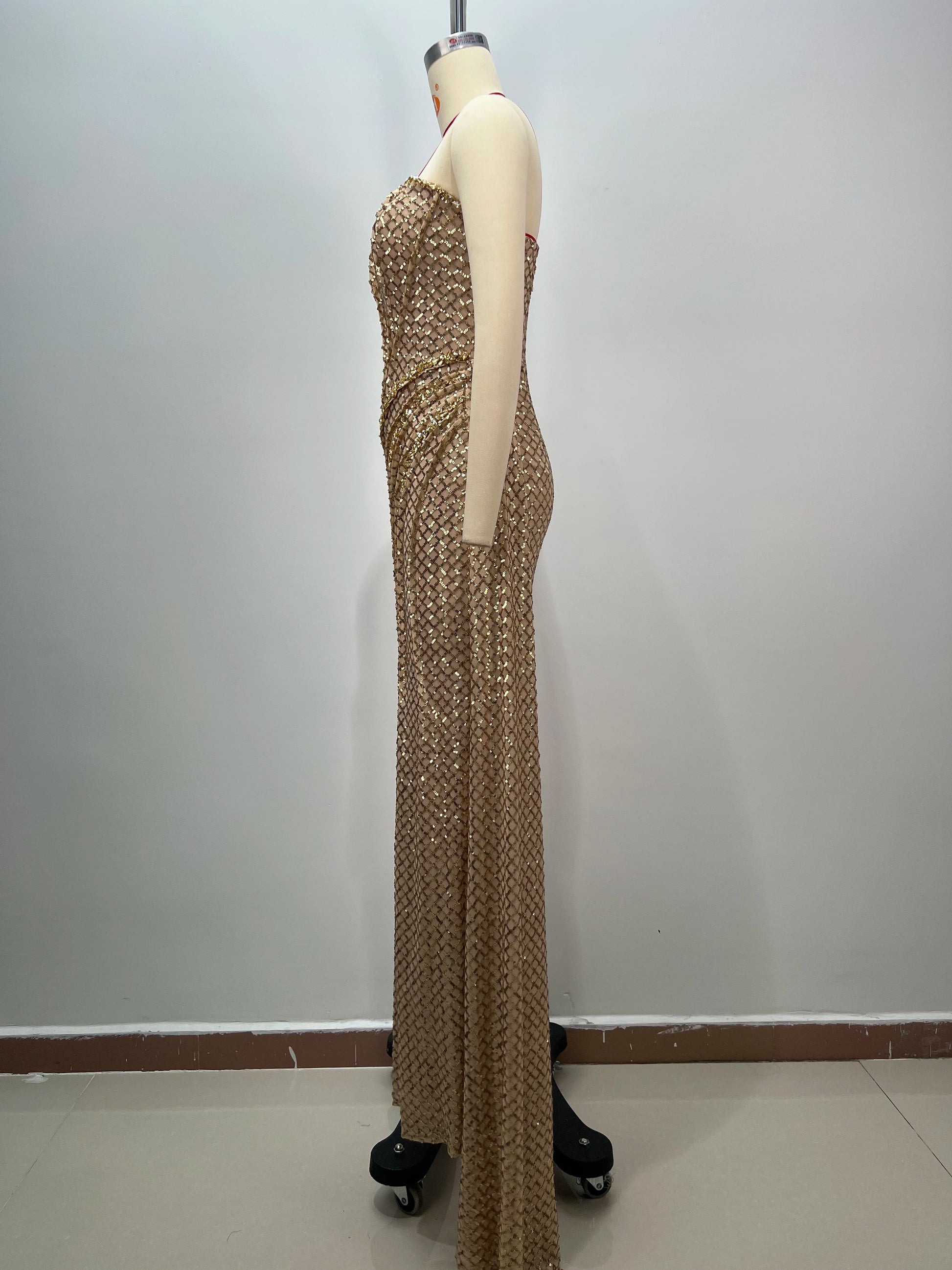 Women Celebrity Sexy Strapless Sequins Gold Crystal Split Maxi Long Gowns Dress 2024 Elegant Evening Party Club Vestido