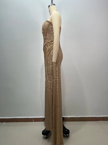 Women Celebrity Sexy Strapless Sequins Gold Crystal Split Maxi Long Gowns Dress 2024 Elegant Evening Party Club Vestido