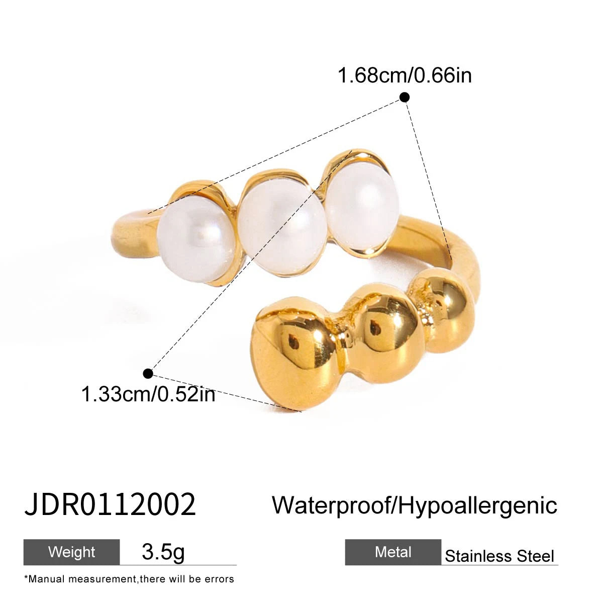 Uworld 18K Gold Color Plated Stainless Steel Flower Pearl Ring Irregular Opposite Sex Pearls Stackable Ring Women's Jewelry Part