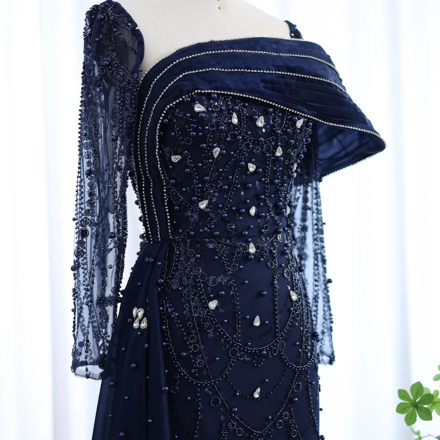 Sharon Said Nude Luxury Crystal Mermaid Evening Dress with Overskirt Long Sleeve Dubai Wedding Formal Prom Gown SS256 Customized