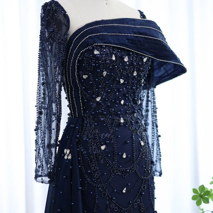 Sharon Said Nude Luxury Crystal Mermaid Evening Dress with Overskirt Long Sleeve Dubai Wedding Formal Prom Gown SS256 Customized