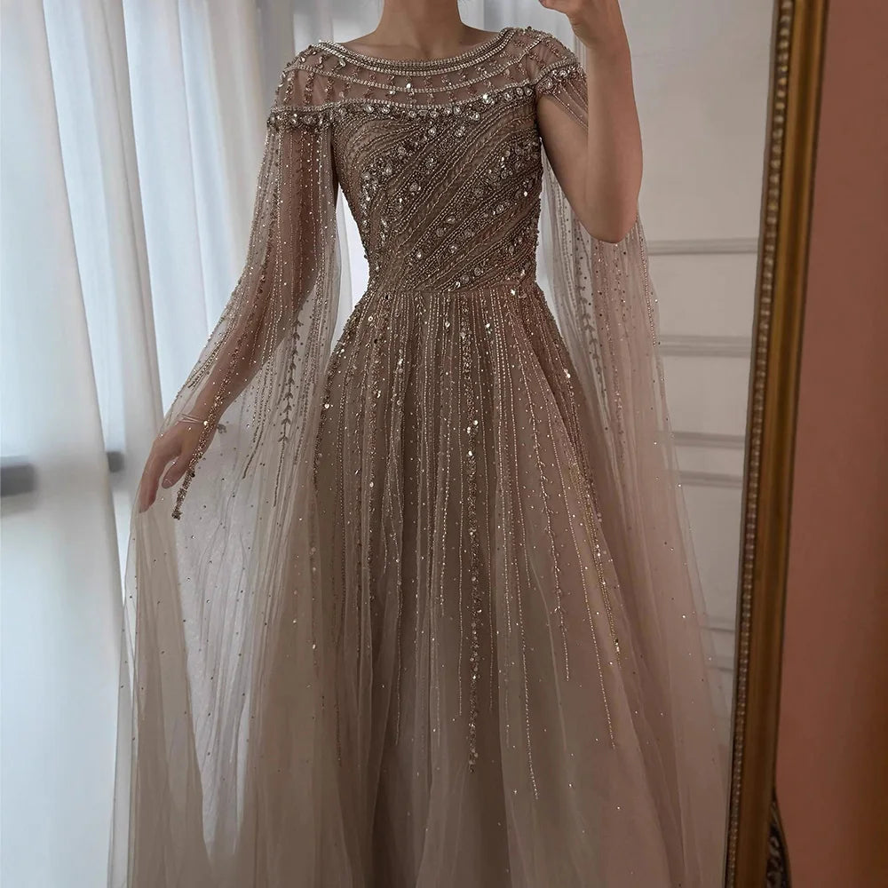 Luxury Caramel Evening Dress with Cape Long Sleeve Beaded Formal Gown for  Occasion Serene Hill 2025 LA72994 Customized