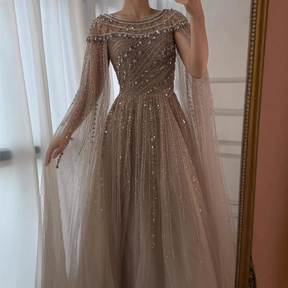 Luxury Caramel Evening Dress with Cape Long Sleeve Beaded Formal Gown for  Occasion Serene Hill 2025 LA72994 Customized