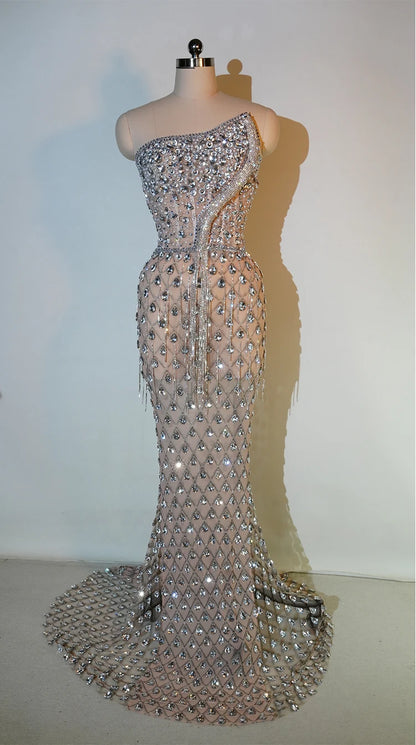 luxury Bright Crystal Dress Sexy Luxury Beaded Rhinestone Tulle Evening Prom Party Dress Noble Shooting Wedding Wedding Dresses