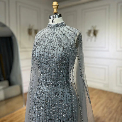 Muslim Nude Mermaid Cape Sleeves Pearls Beaded Luxury Dubai Evening Dresses Gowns 2025 Wedding Party LA72372 Customized