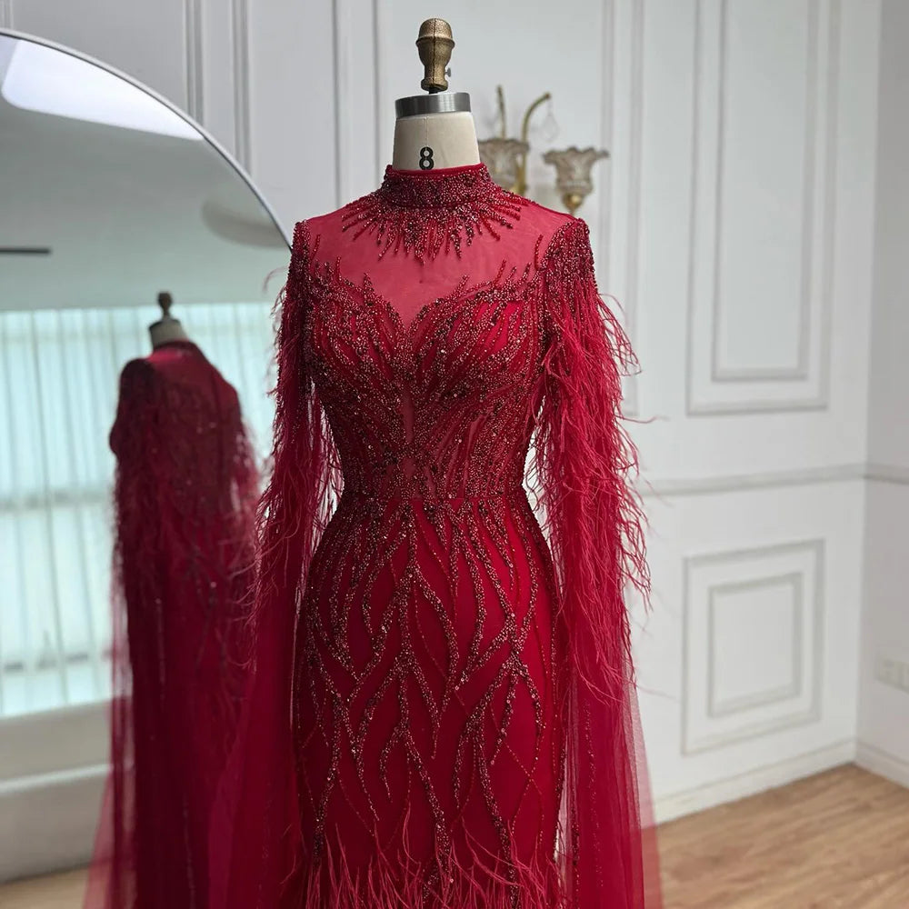 Nude Feather Evening Dress for Women High Neck Cape Sleeve Luxury Beaded Formal Gown Serene Hill 2025 Customized LA71885C