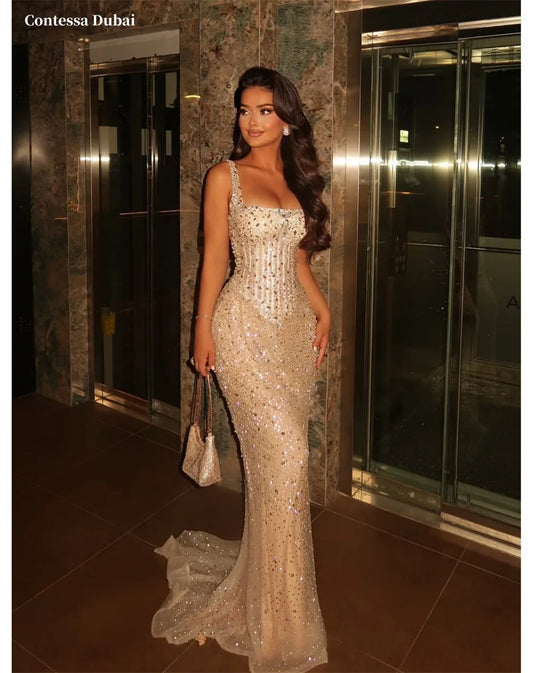Contessa Dubai Elegant Mermaid Court Train Prom Dress With Shiny Sequins vestidos de noche Square Collar party dress 2025