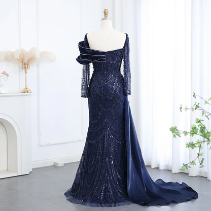 Sharon Said Nude Luxury Crystal Mermaid Evening Dress with Overskirt Long Sleeve Dubai Wedding Formal Prom Gown SS256 Customized